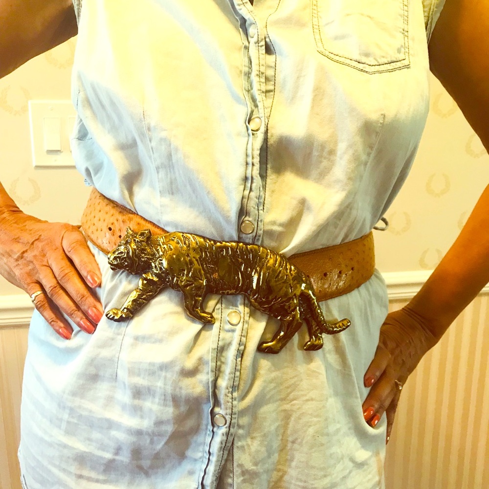 Beautiful Ostrich Skin Belt W Gold Tiger Adornment